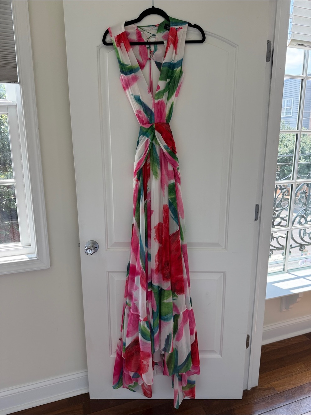 PatBO White Maxi Dress with Pink, Red & Green Brushstroke Print